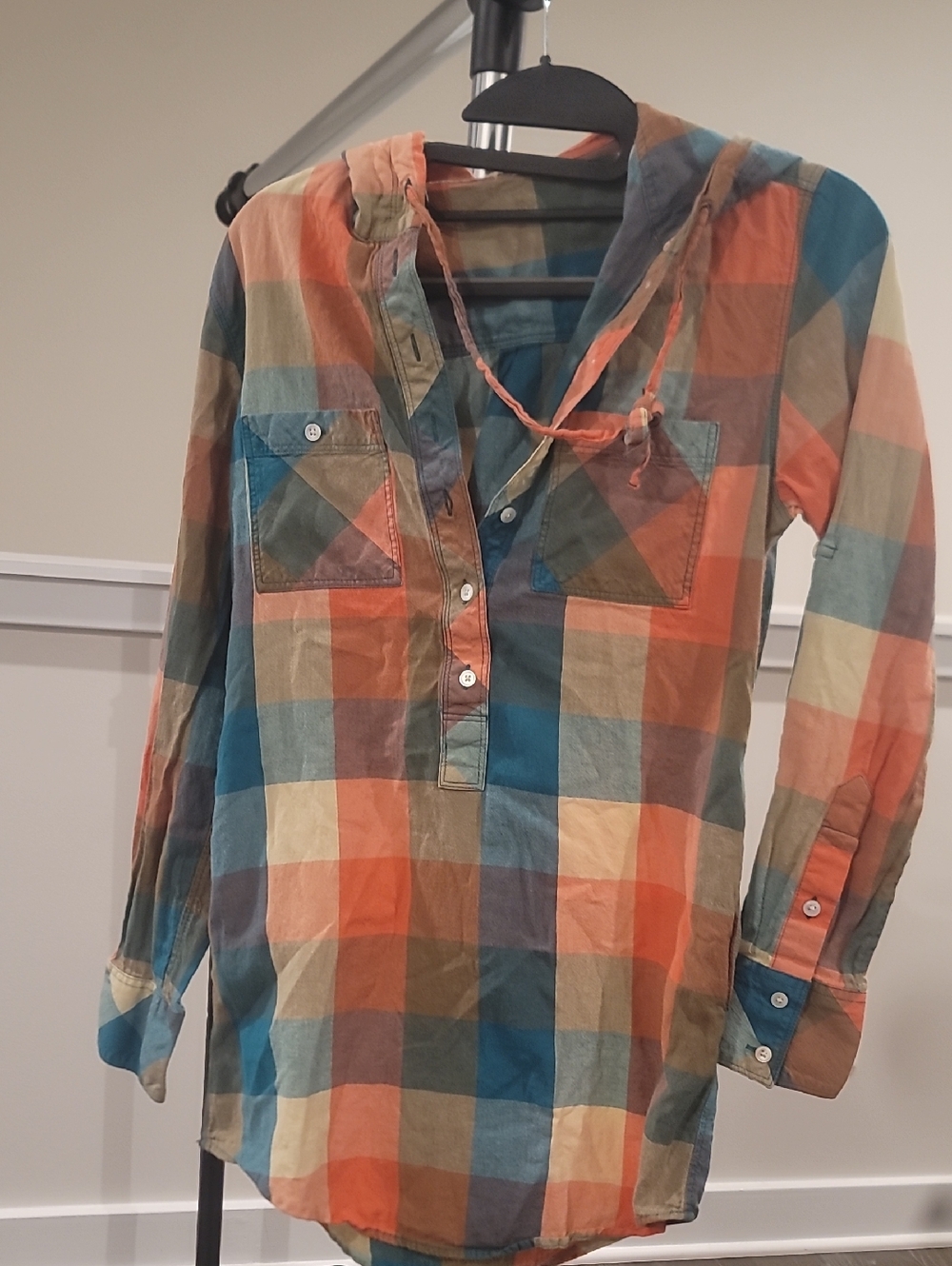 Plaid Hooded Button-Front Women's Top in Orange Multi